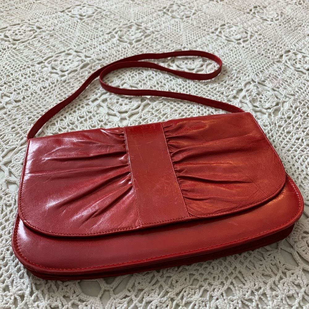 Vintage Red Leather Handbag removable strap clutch